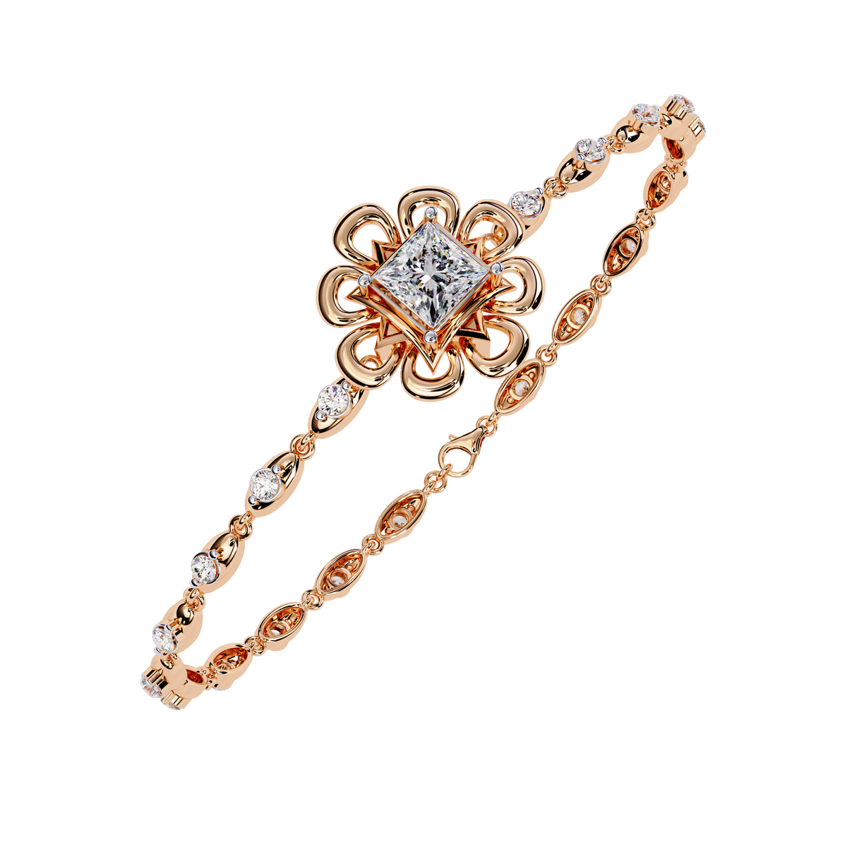 Reverra 14K Gold Princess & Round Lab Grown Diamond Floral Tennis Bracelets for Women, CTTW-2.11