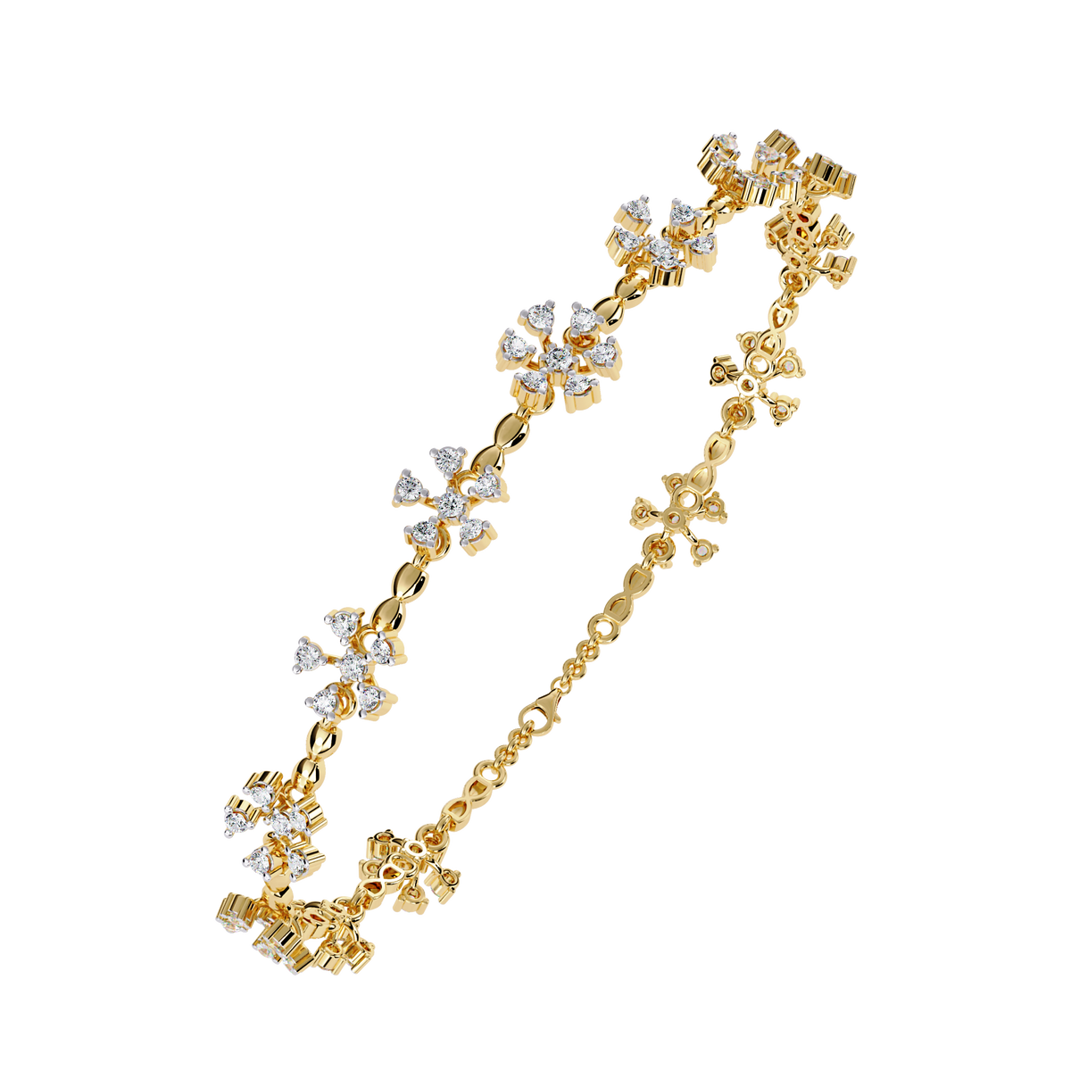 Reverra 14K Gold Round Lab Grown Diamond Floral Cluster Fashion Bracelet for Women, CTTW-0.91