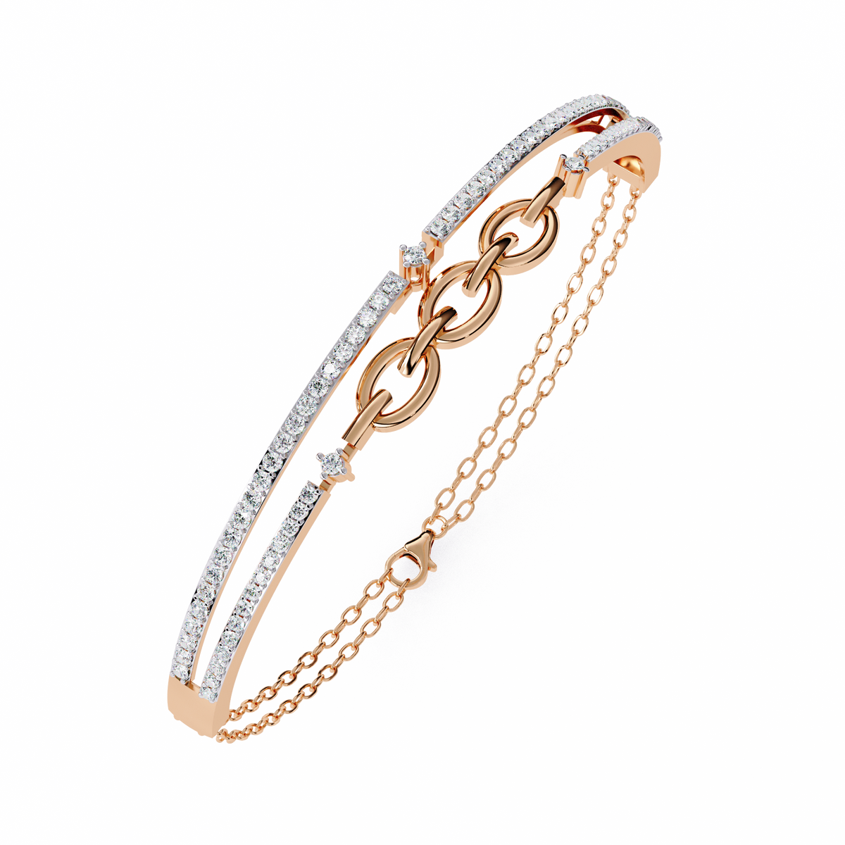 Reverra 14K Gold Round Lab Grown Diamond Dual Bar Chain-Link Fashion Bracelet for Women, CTTW-0.86