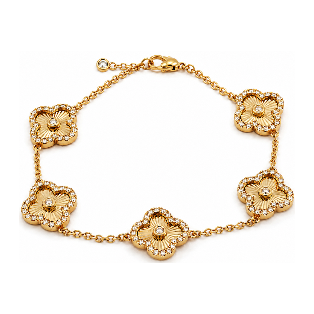Reverra 14K Gold Lab Grown Diamond Classic Link Floral Clover Bracelet for Women, CTTW-0.87