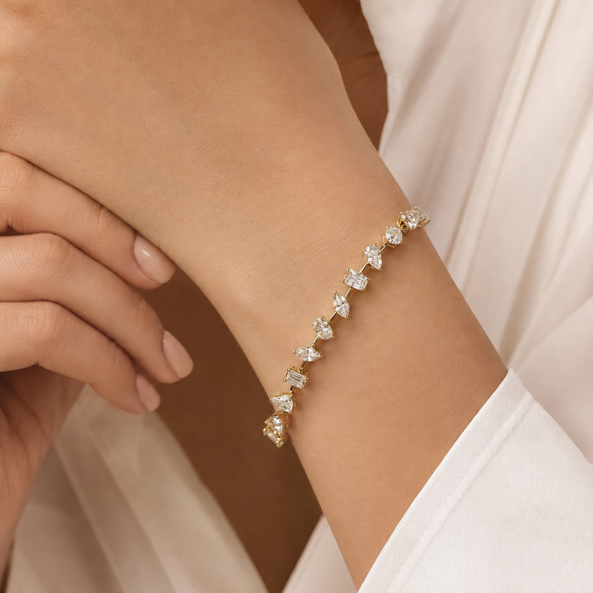 Reverra 14K Gold Lab Grown Diamond Multi Shape River Tennis Bracelet for Women, CTTW-6