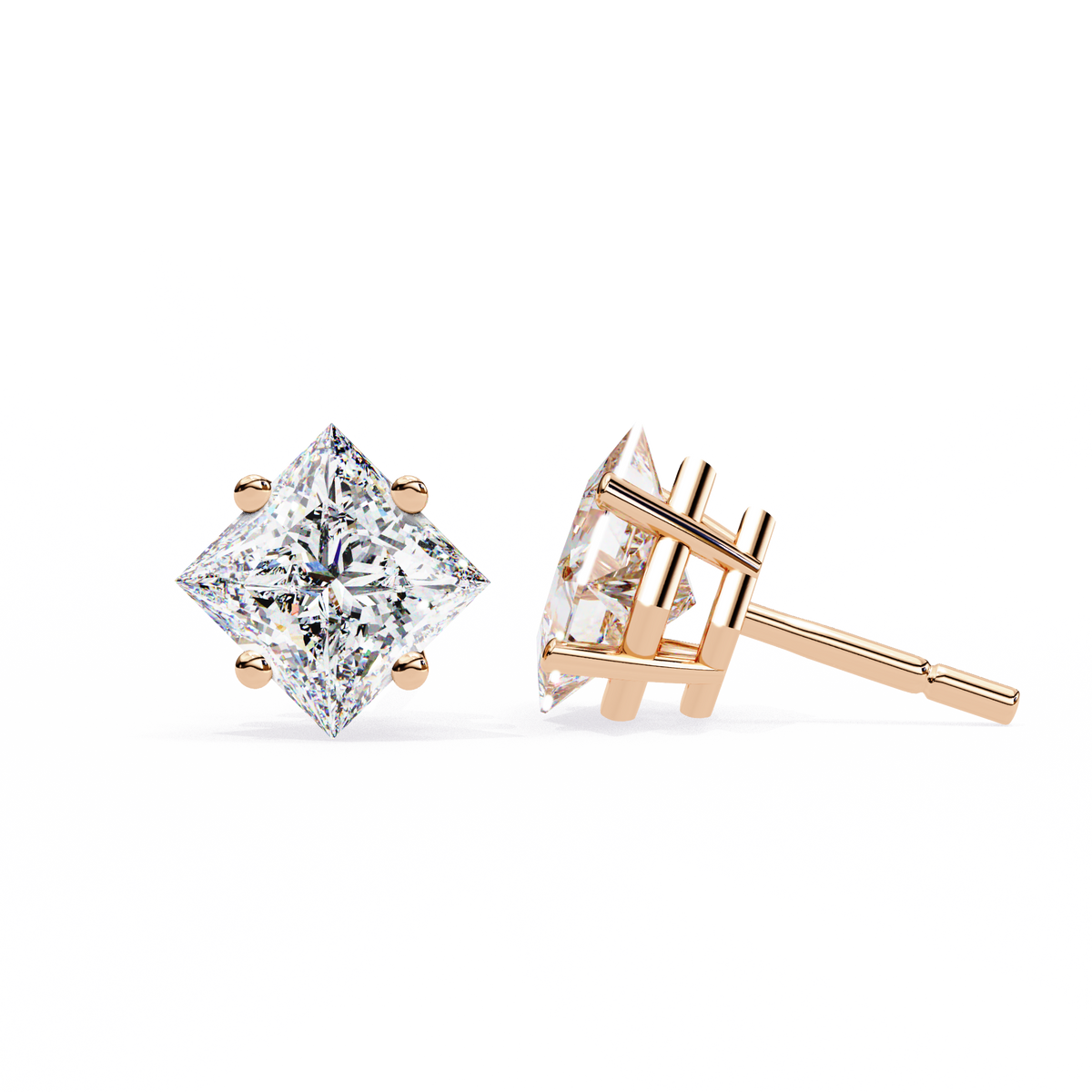 Reverra 14K Gold Princess Lab Grown Diamond 4 Prong Stud Earrings For Women, CTTW-2.39
