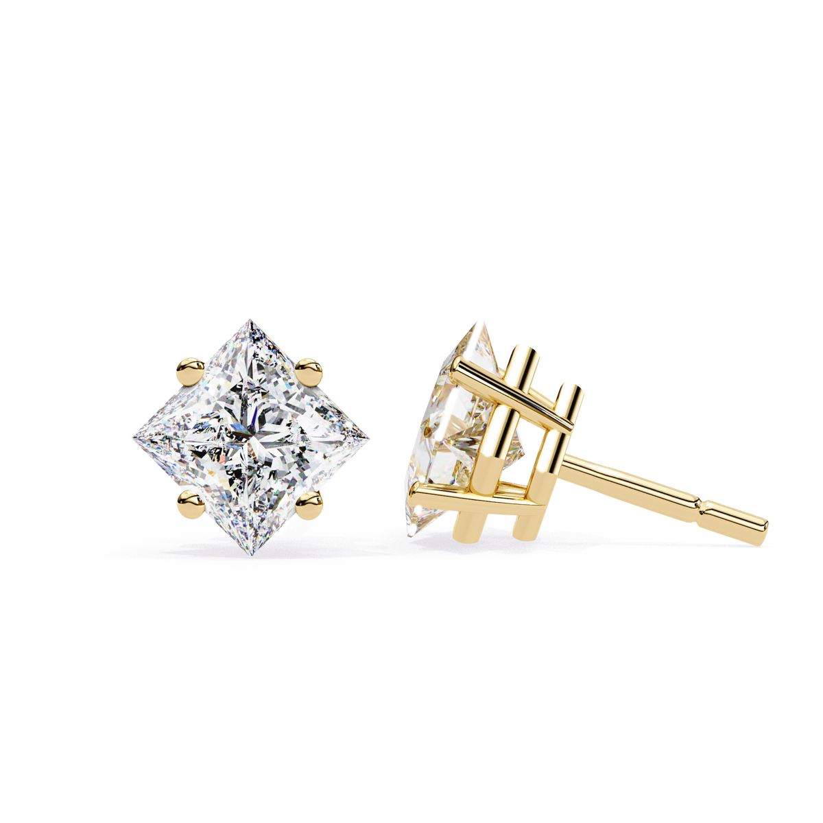 Reverra 14K Gold Princess Lab Grown Diamond 4 Prong Stud Earrings For Women, CTTW-2.39