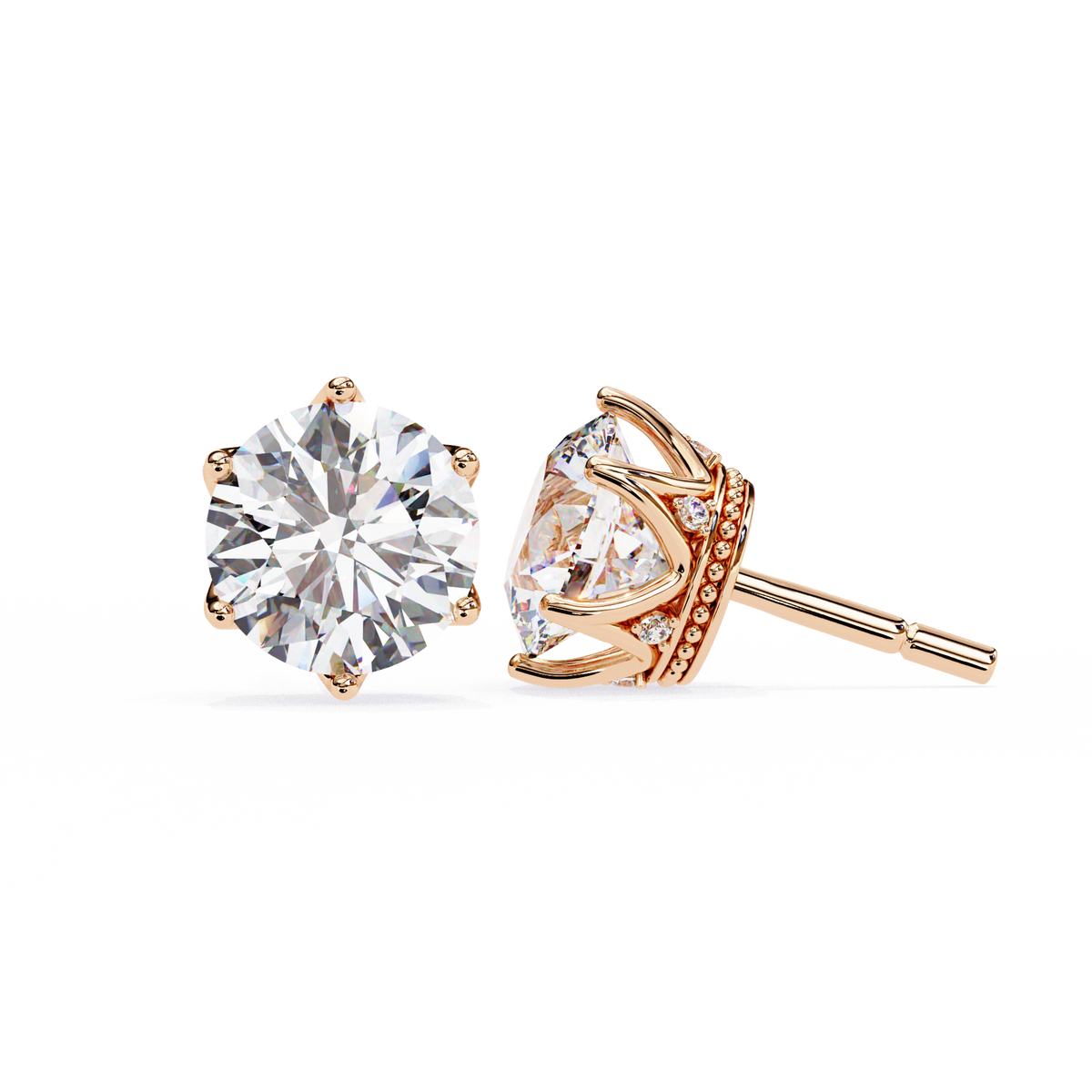 Reverra 14K Gold Round Lab Grown Diamond 6 Prong Stud Earrings For Women, CTTW-2.62