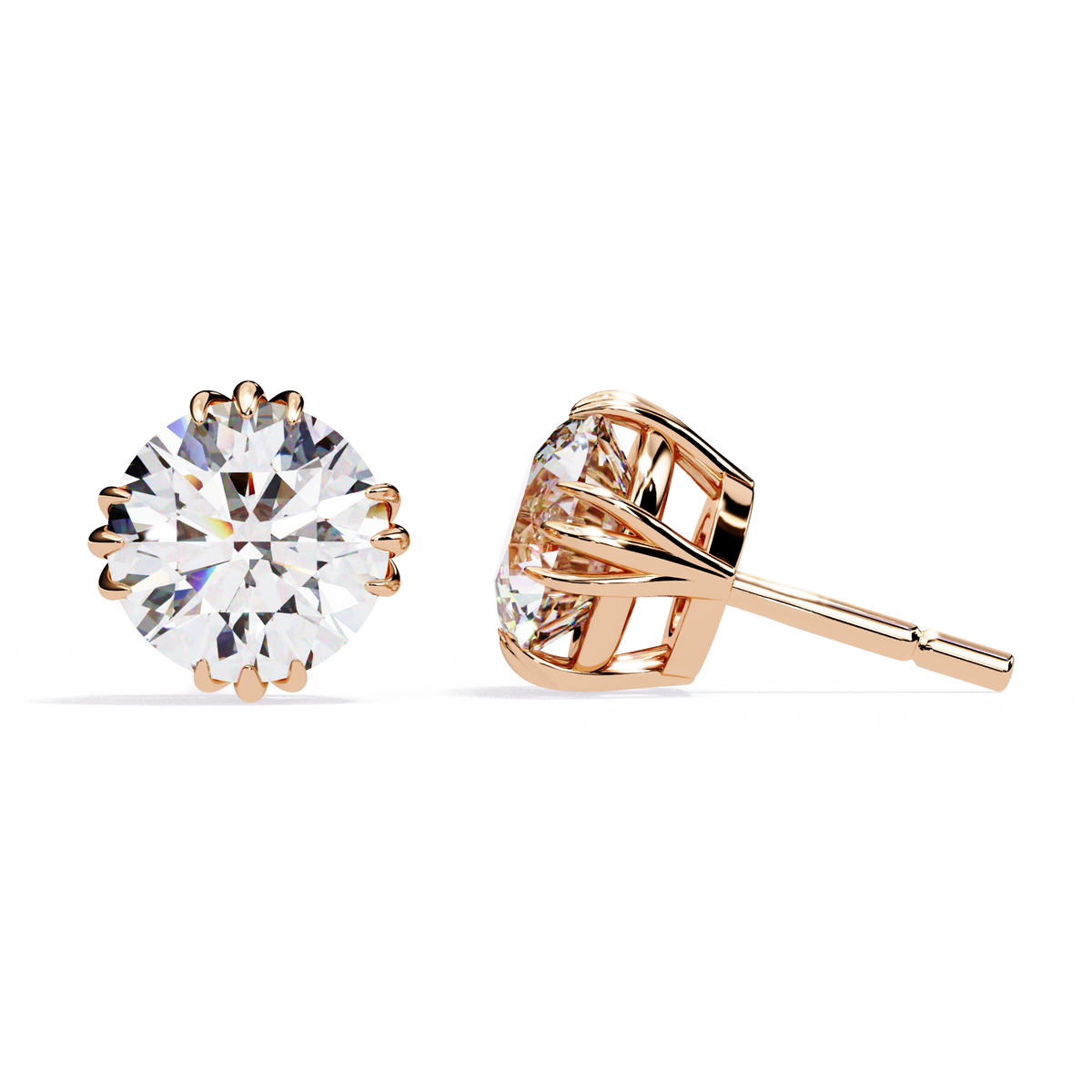 Reverra 14K Gold Round Lab Grown Diamond 12 Prong Stud Earrings For Women, CTTW-2.8