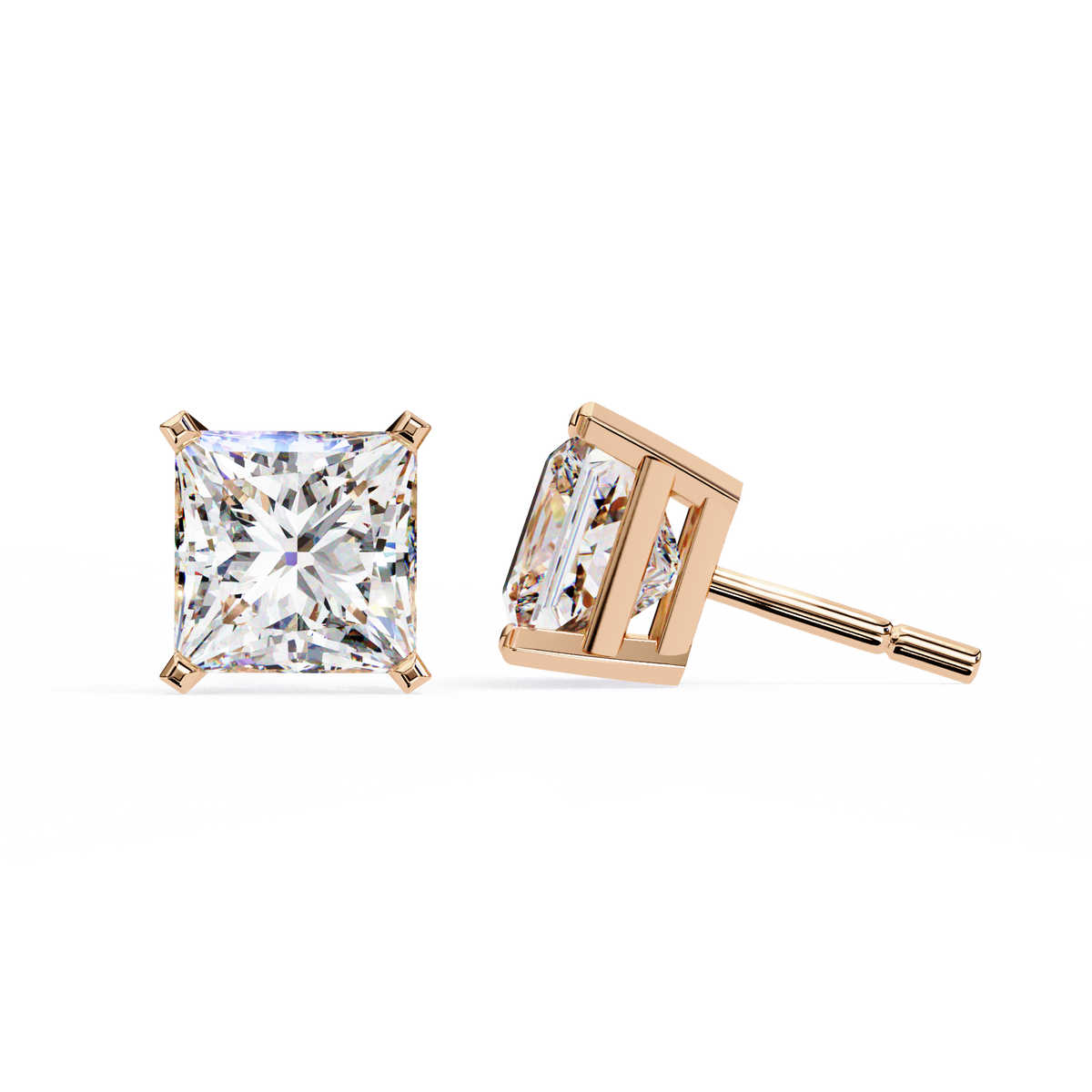 Reverra 14K Gold Princess Lab Grown Diamond 4 Prong Stud Earrings For Women, CTTW-3.04
