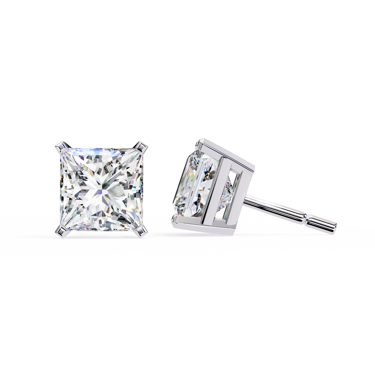Reverra 14K Gold Princess Lab Grown Diamond 4 Prong Stud Earrings For Women, CTTW-3.04