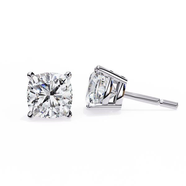 Reverra 14K Gold Cushion Lab Grown Diamond 4 Prong Stud Earrings For Women, CTTW-2.33