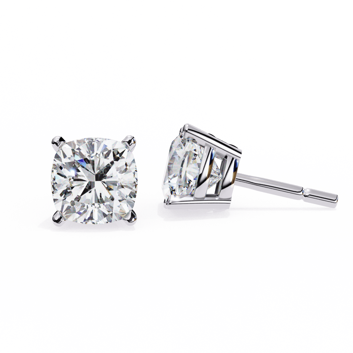 Reverra 14K Gold Cushion Lab Grown Diamond 4 Prong Stud Earrings For Women, CTTW-2.33