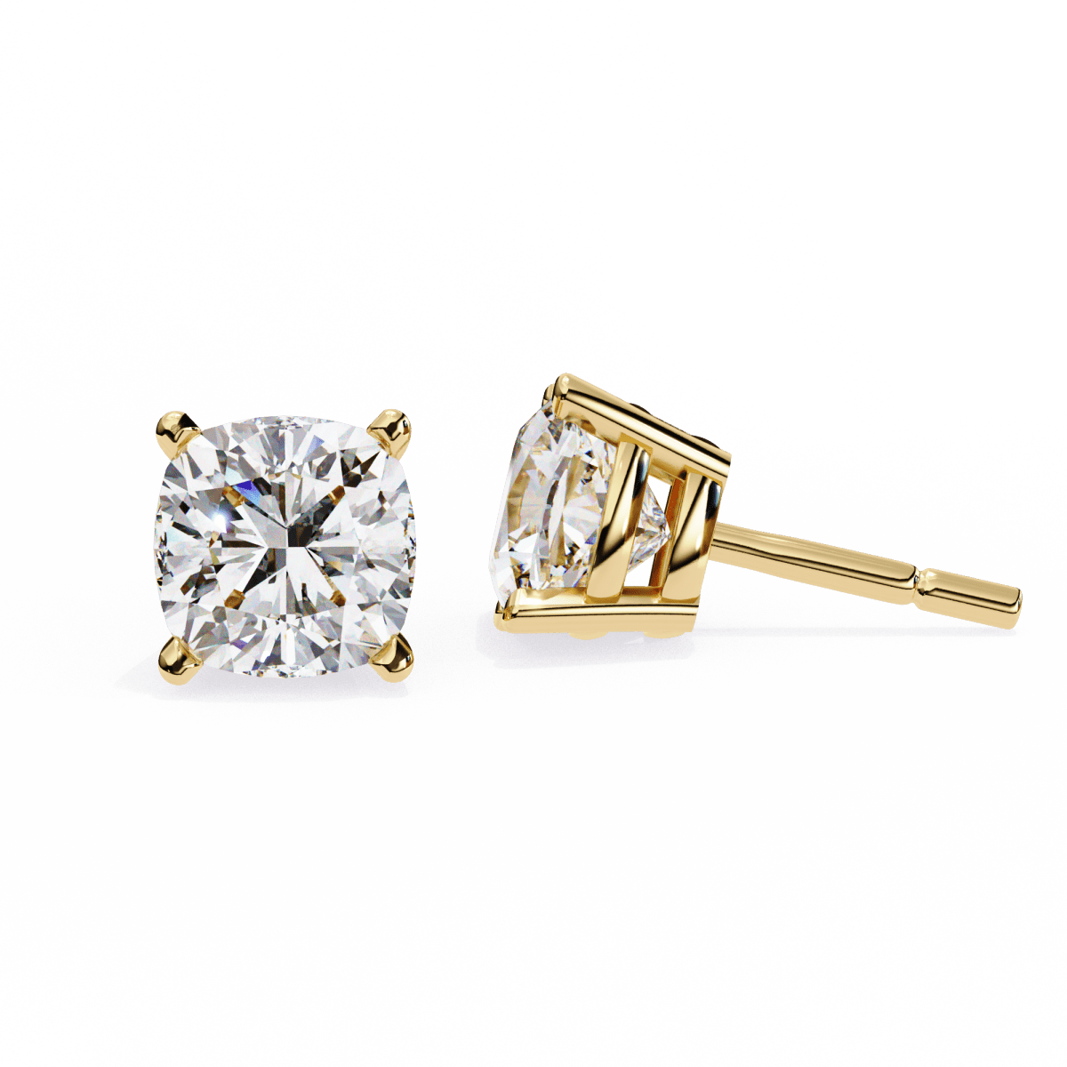 Reverra 14K Gold Cushion Lab Grown Diamond 4 Prong Stud Earrings For Women, CTTW-2.33