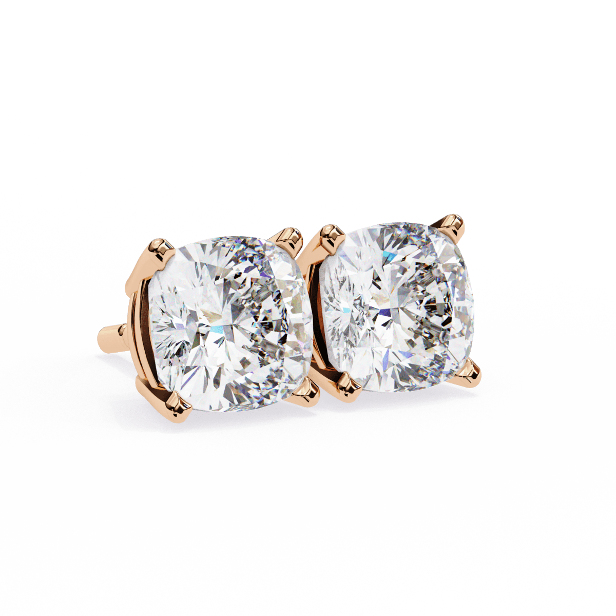 Reverra 14K Gold Cushion Lab Grown Diamond 4 Prong Stud Earrings For Women, CTTW-2.33