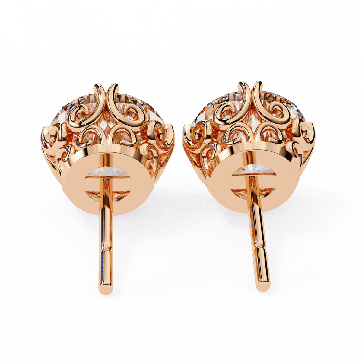 Reverra 14K Gold Round Lab Grown Diamond Filigree 4 Prong Stud Earrings For Women, CTTW-2.57