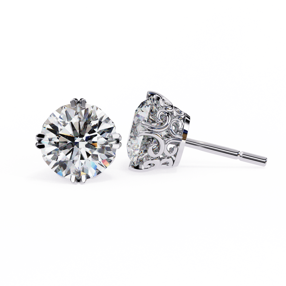 Reverra 14K Gold Round Lab Grown Diamond Filigree 4 Prong Stud Earrings For Women, CTTW-2.57