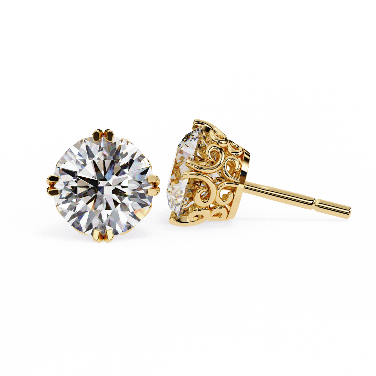 Reverra 14K Gold Round Lab Grown Diamond Filigree 4 Prong Stud Earrings For Women, CTTW-2.57