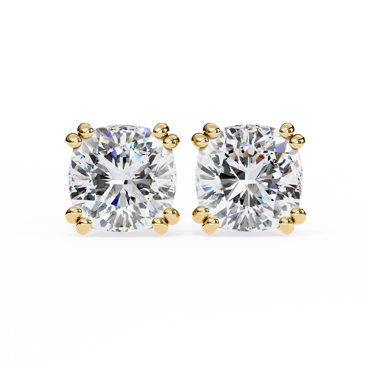 Reverra 14K Gold Cushion Lab Grown Diamond 8 Prong Stud Earrings For Women, CTTW-2.24