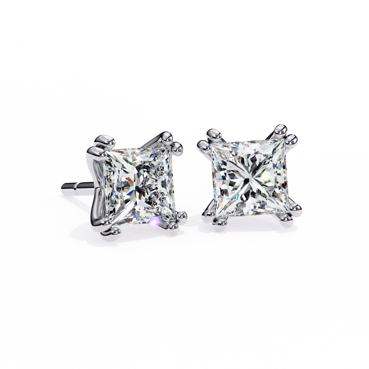 Reverra 14K Gold Princess Lab Grown Diamond 8 Prong Stud Earrings For Women, CTTW-3.04