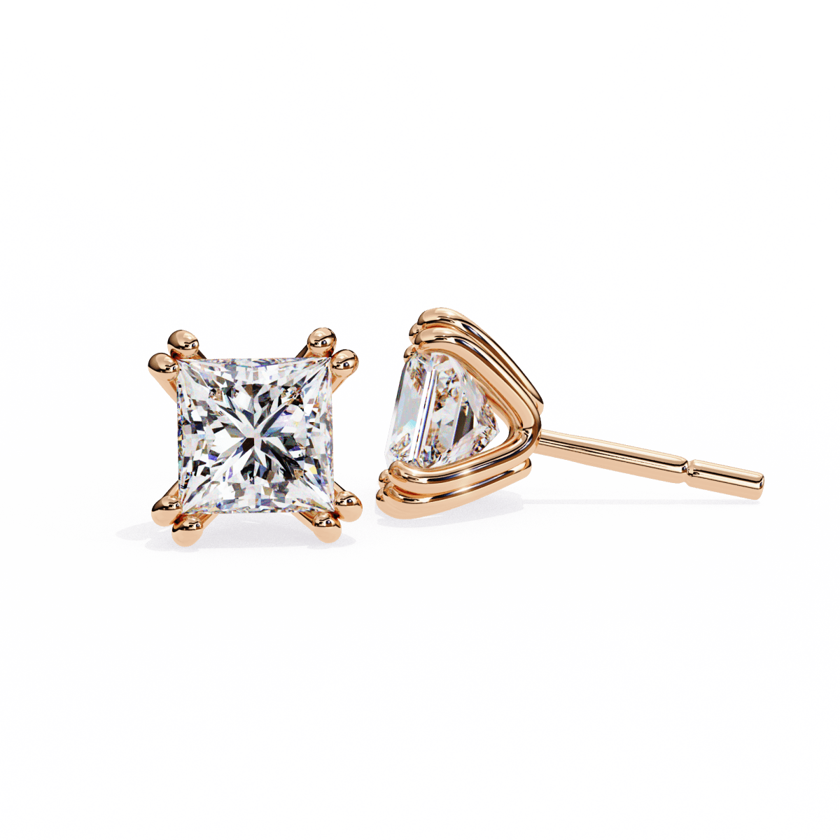Reverra 14K Gold Princess Lab Grown Diamond 8 Prong Stud Earrings For Women, CTTW-3.04