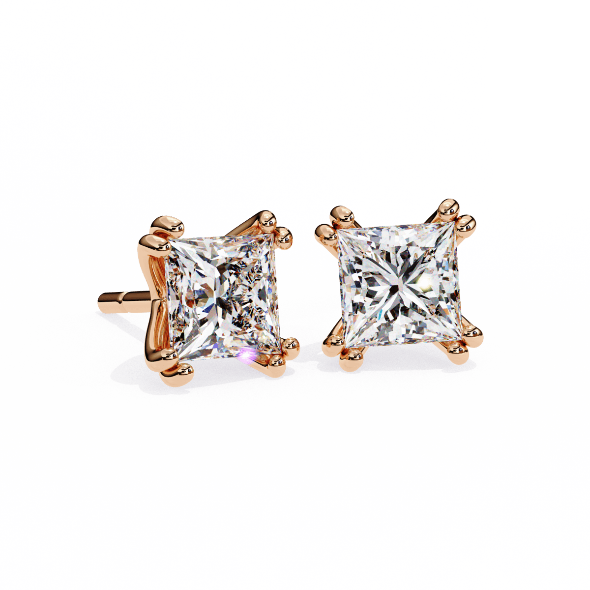 Reverra 14K Gold Princess Lab Grown Diamond 8 Prong Stud Earrings For Women, CTTW-3.04