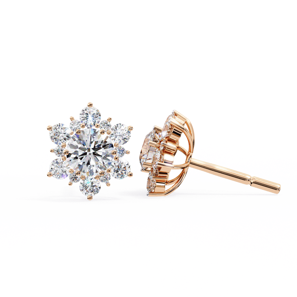 Reverra 14K Gold Round Lab Grown Diamond Floral Cluster Stud Earrings For Women, CTTW-1.44