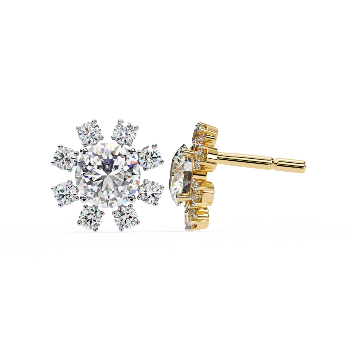 Reverra 14K Gold Round Lab Grown Diamond Petal Cluster Stud Earrings For Women, CTTW-1.22