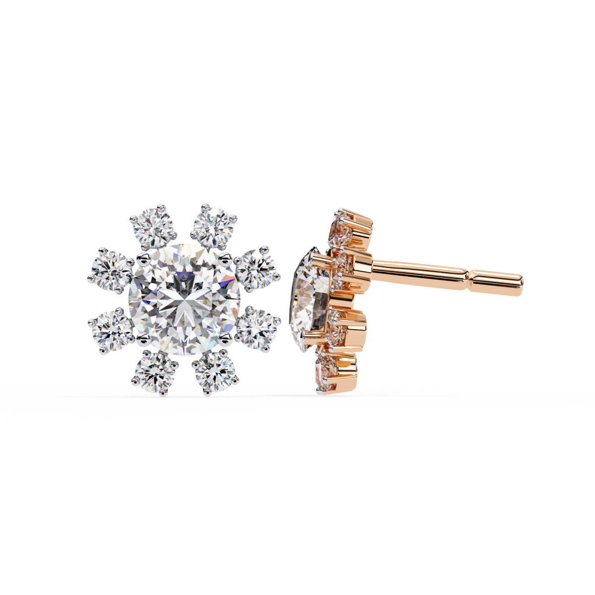 Reverra 14K Gold Round Lab Grown Diamond Petal Cluster Stud Earrings For Women, CTTW-1.22
