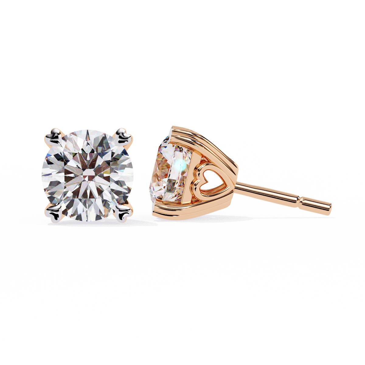 Reverra 14K Gold Round Lab Grown Diamond 4 Heart-Prong Stud Earrings For Women, CTTW-2.57