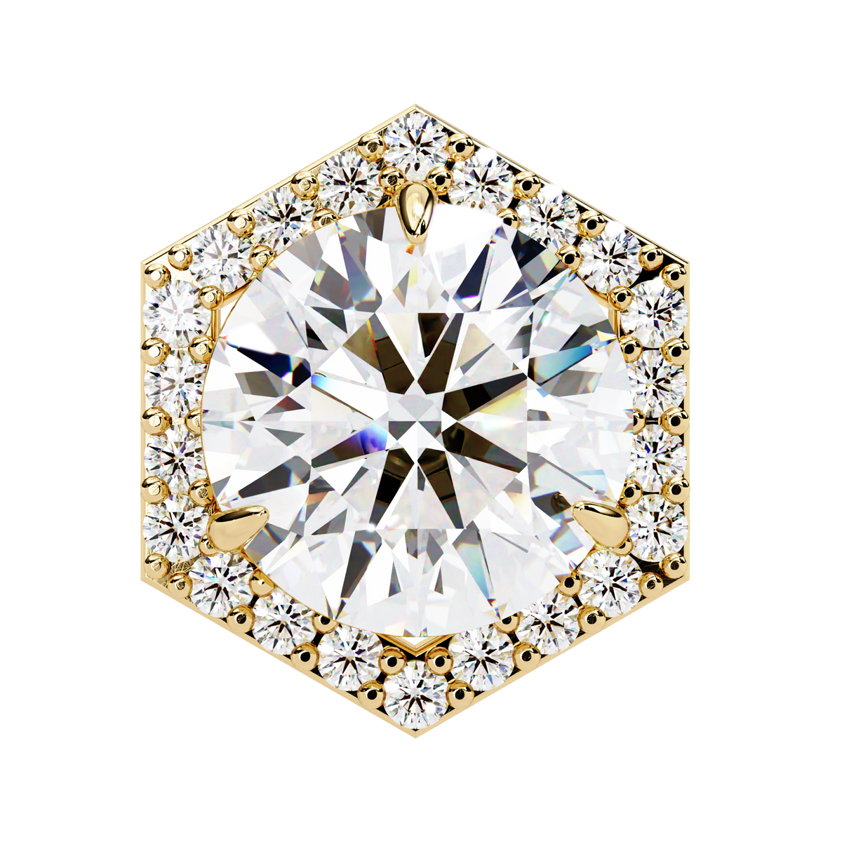 Reverra 14K Gold Round Lab Grown Diamond Hexagon Halo 3-Prong Studs Earrings For Women, CTTW-2.1