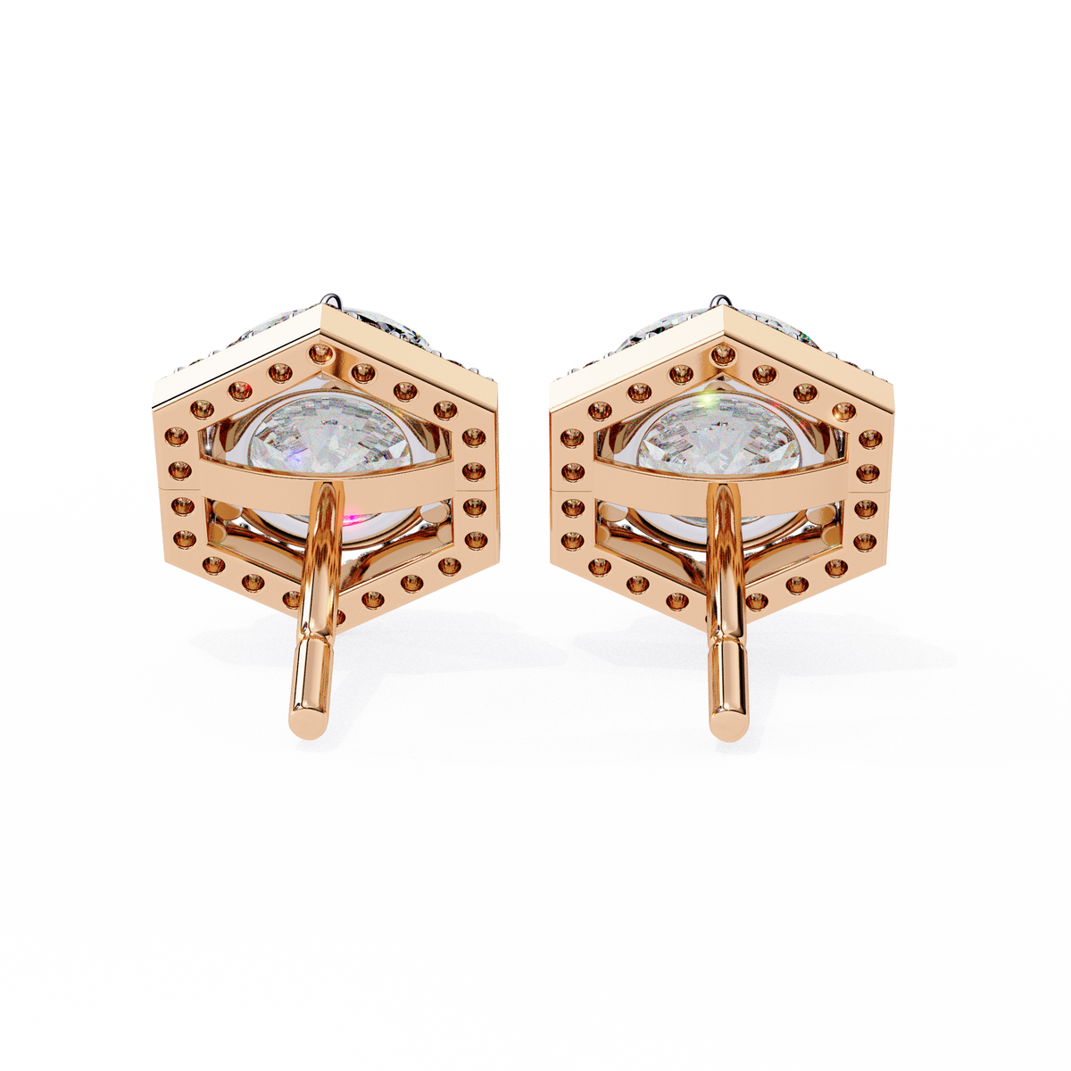 Reverra 14K Gold Round Lab Grown Diamond Hexagon Halo 3-Prong Studs Earrings For Women, CTTW-2.1