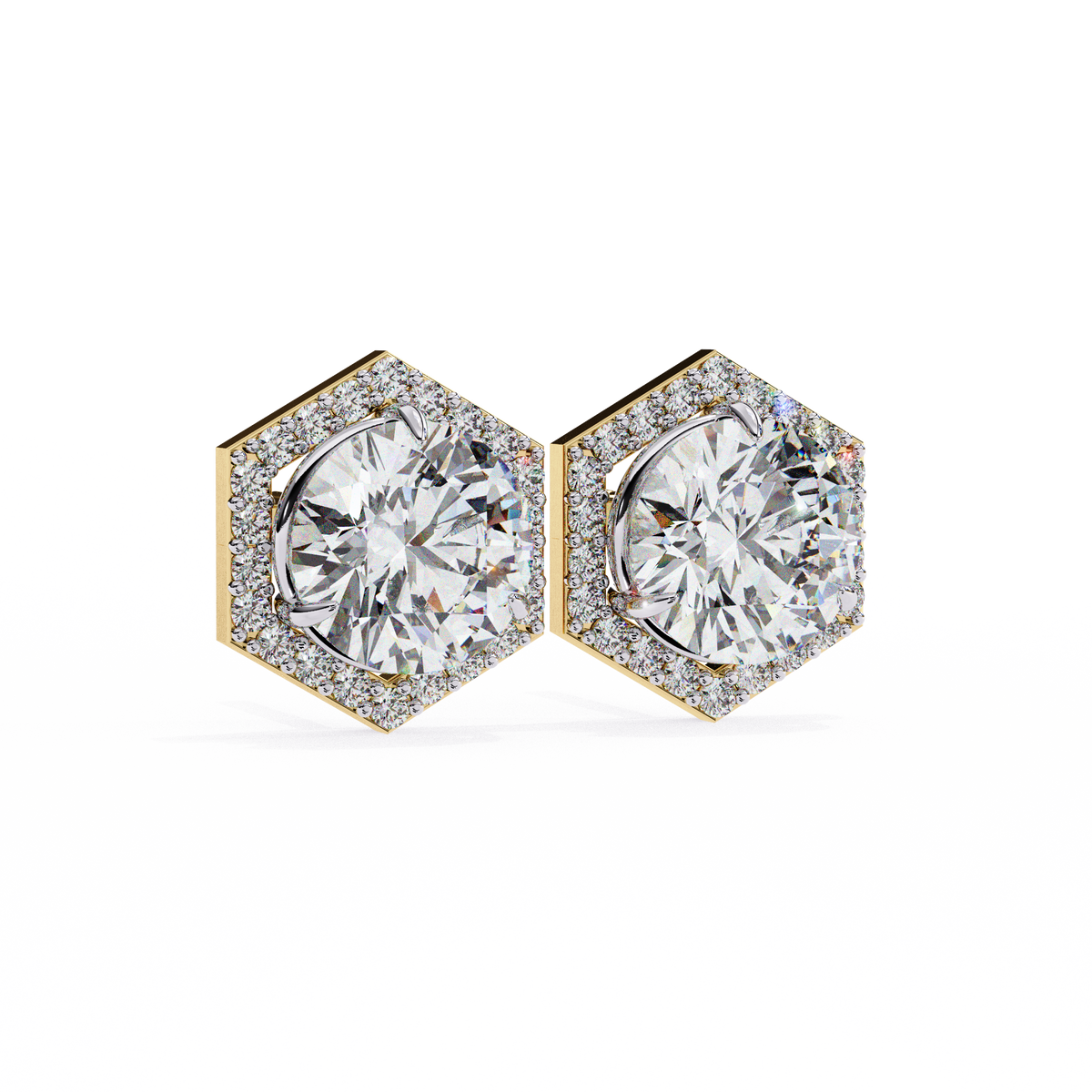 Reverra 14K Gold Round Lab Grown Diamond Hexagon Halo 3-Prong Studs Earrings For Women, CTTW-2.1