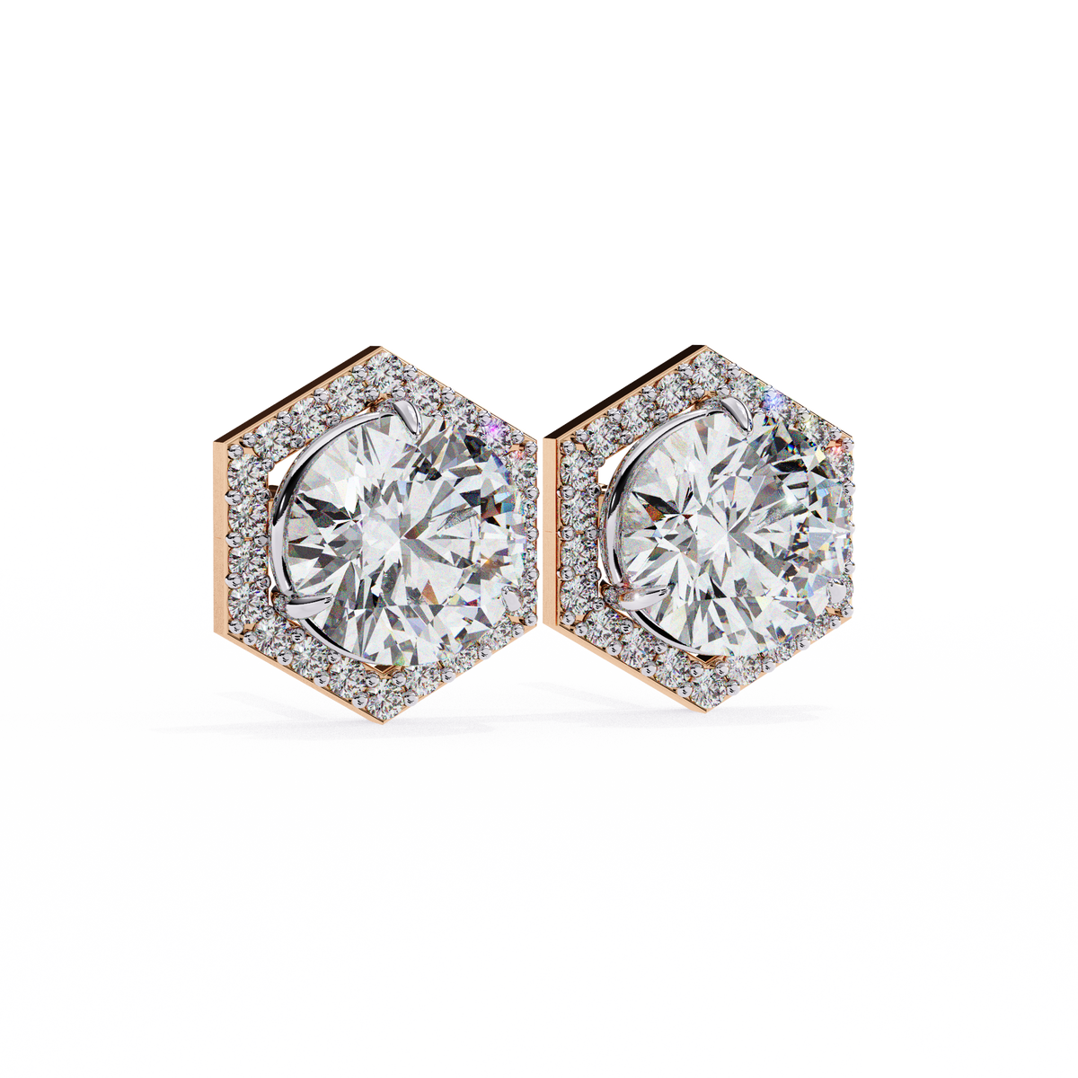 Reverra 14K Gold Round Lab Grown Diamond Hexagon Halo 3-Prong Studs Earrings For Women, CTTW-2.1