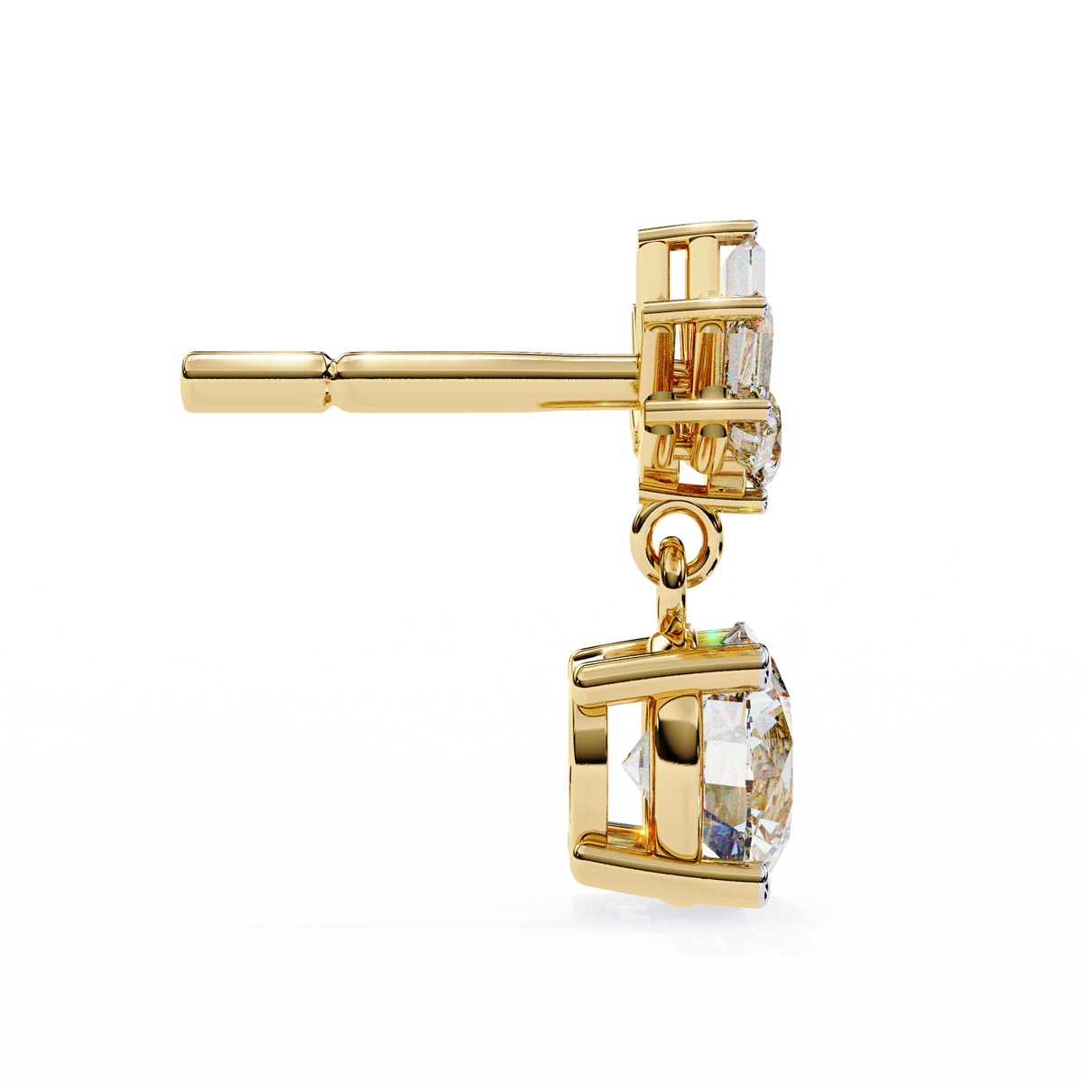 Reverra 14K Gold Round Lab Grown Diamond Baguette Burst 4-Prong Drop Earrings For Women, CTTW-0.86 | Push Back