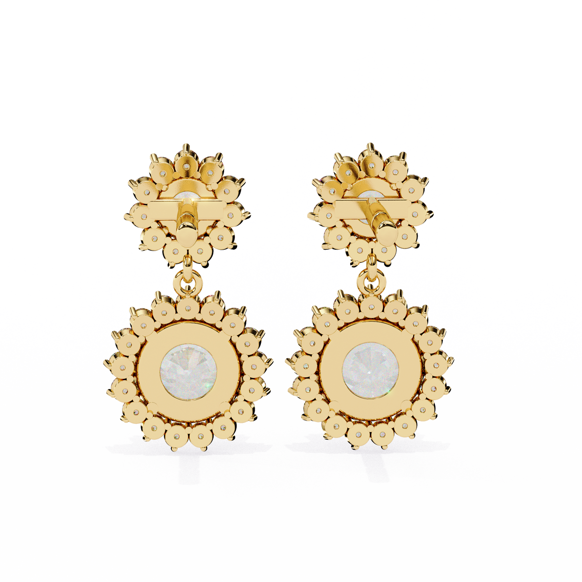 Reverra 14K Gold Round Lab Grown Diamond Double Halo Drop Earrings For Women, CTTW-1.37 | Push Back