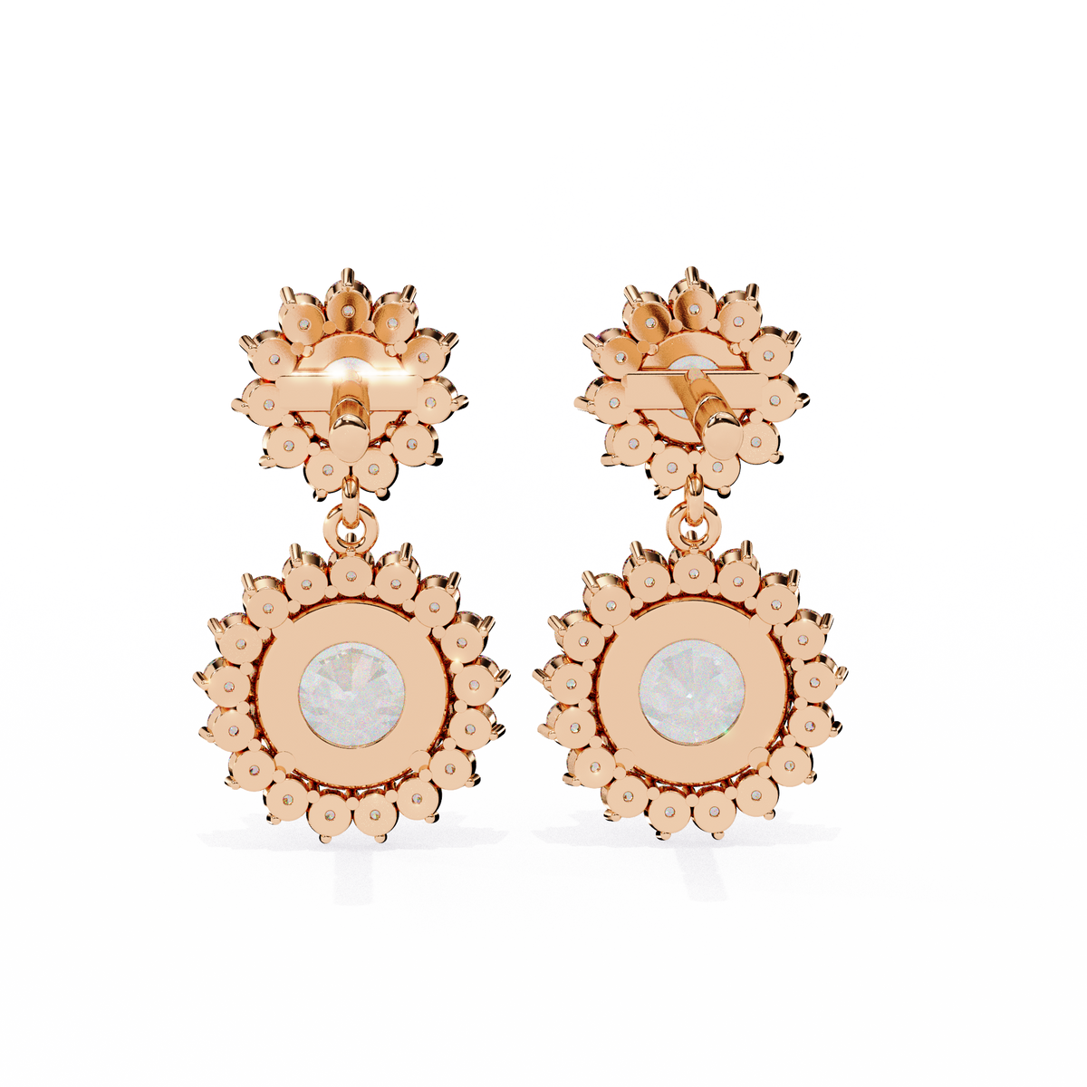 Reverra 14K Gold Round Lab Grown Diamond Double Halo Drop Earrings For Women, CTTW-1.37 | Push Back