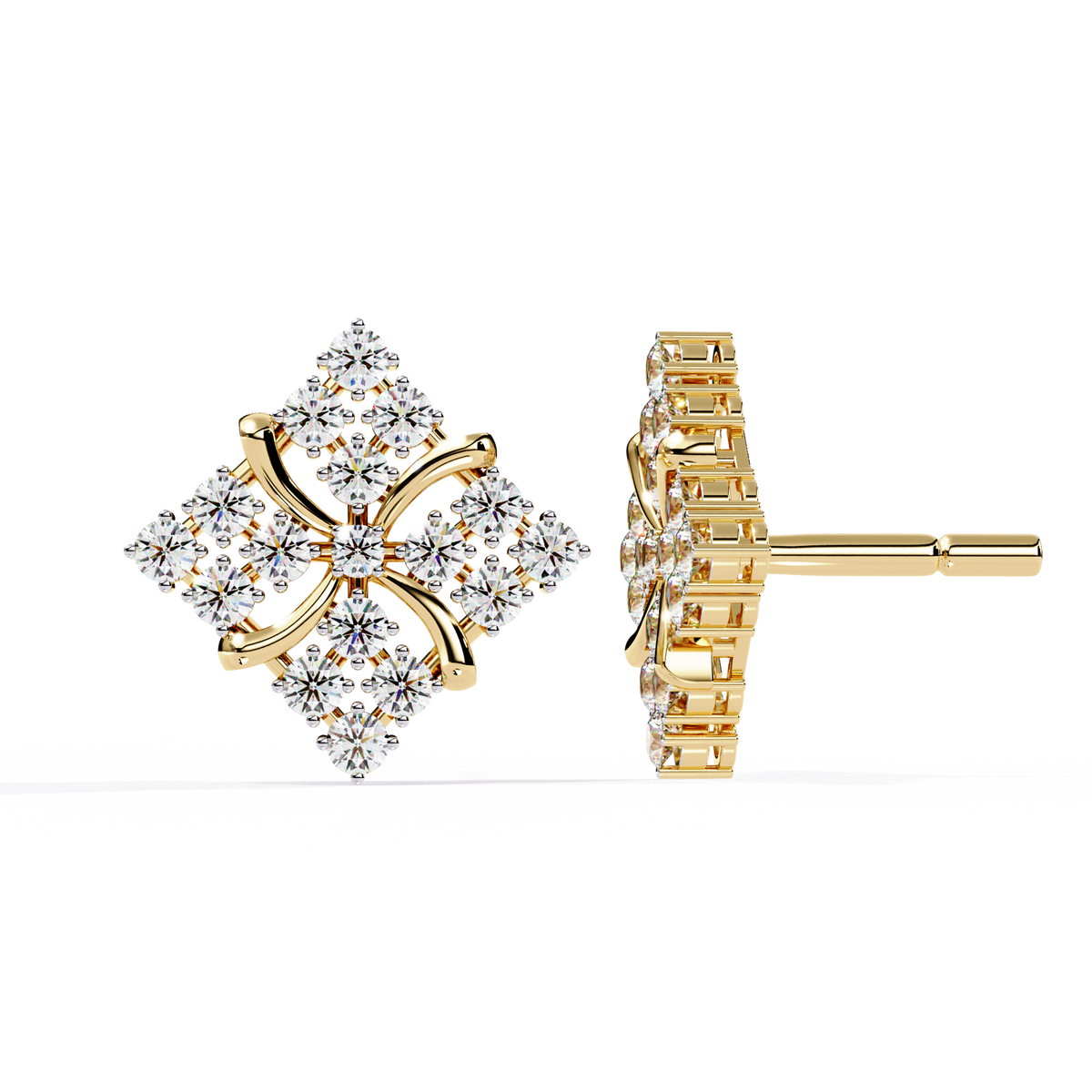 Reverra 14K Gold Round Lab Grown Diamond Floral Cluster Stud Earrings For Women, CTTW-0.77