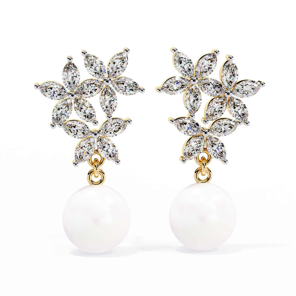 Reverra 14K Gold Marquise Lab Grown Diamond Pearl Floral Drop Earrings For Women, CTTW-2.39 | Push Back