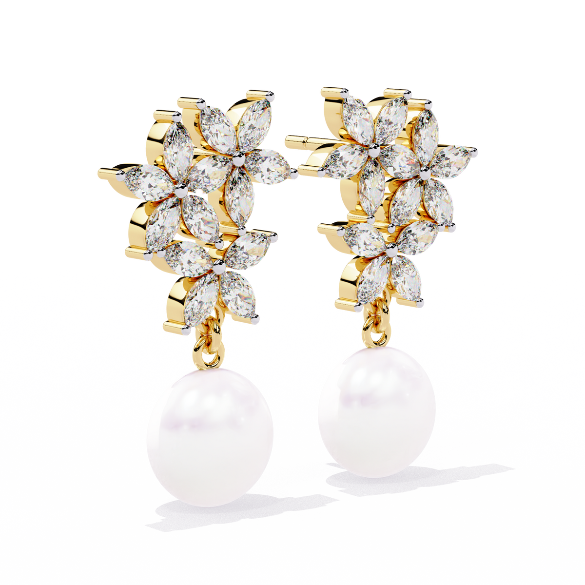 Reverra 14K Gold Marquise Lab Grown Diamond Pearl Floral Drop Earrings For Women, CTTW-2.39 | Push Back