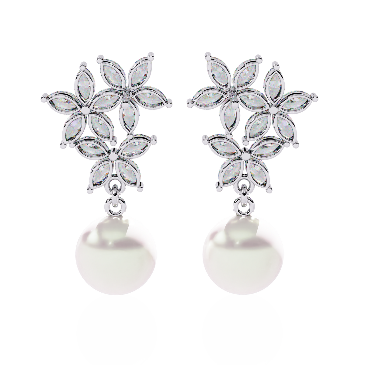 Reverra 14K Gold Marquise Lab Grown Diamond Pearl Floral Drop Earrings For Women, CTTW-2.39 | Push Back