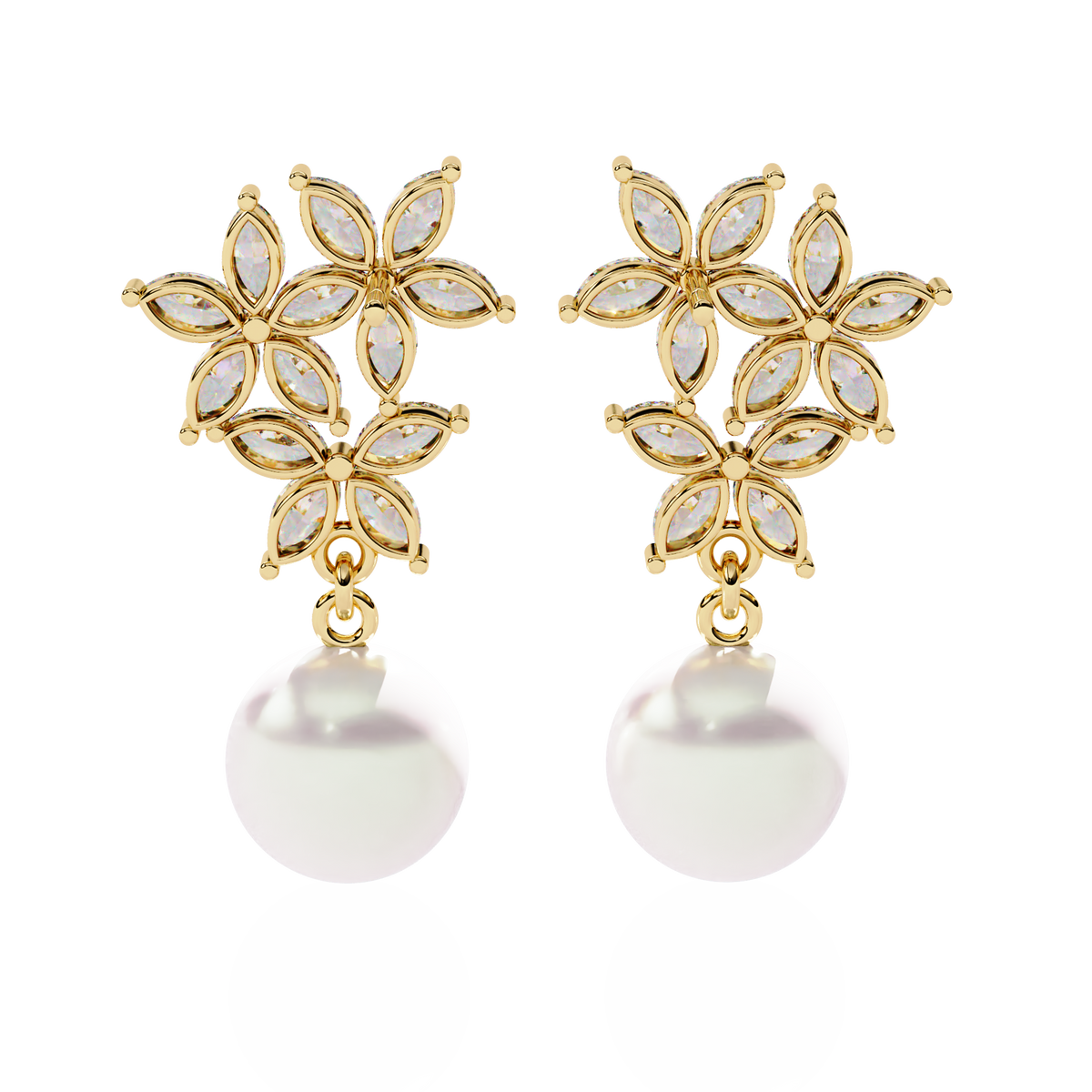 Reverra 14K Gold Marquise Lab Grown Diamond Pearl Floral Drop Earrings For Women, CTTW-2.39 | Push Back