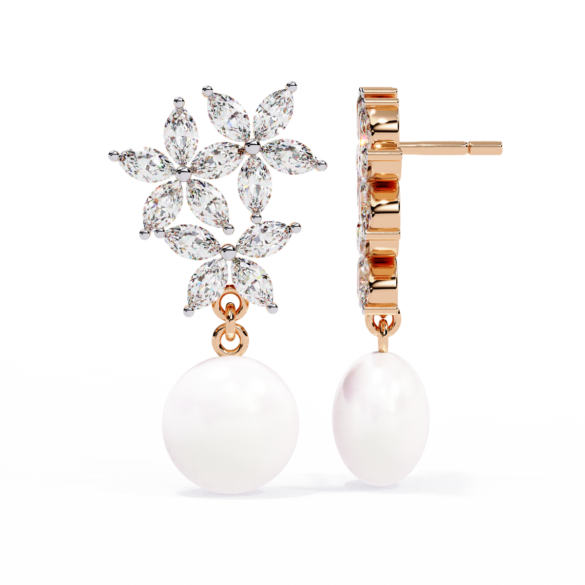 Reverra 14K Gold Marquise Lab Grown Diamond Pearl Floral Drop Earrings For Women, CTTW-2.39 | Push Back