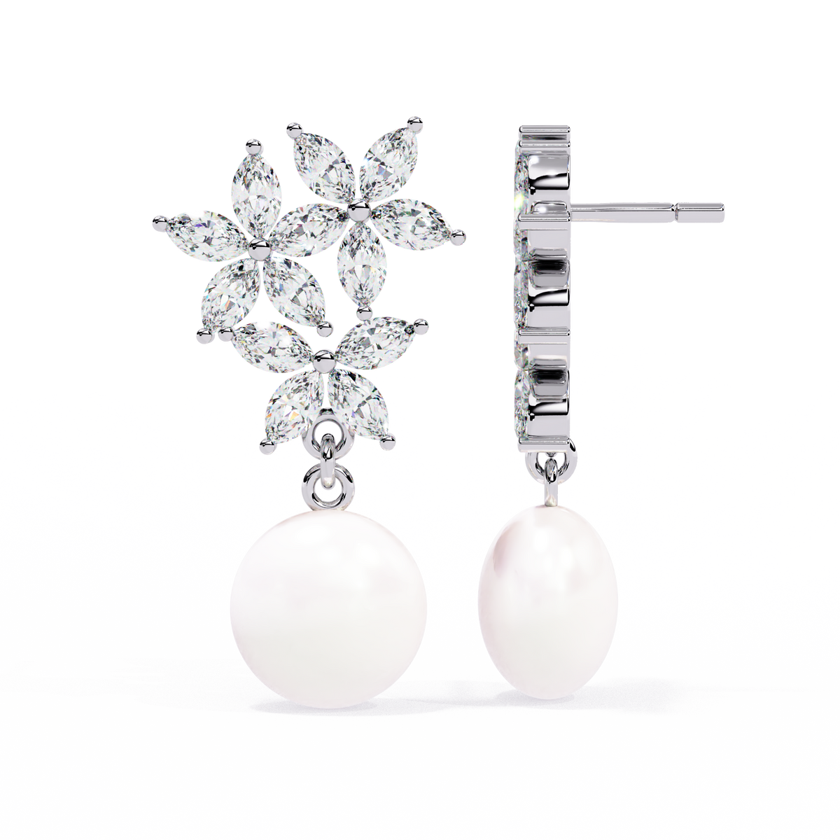 Reverra 14K Gold Marquise Lab Grown Diamond Pearl Floral Drop Earrings For Women, CTTW-2.39 | Push Back