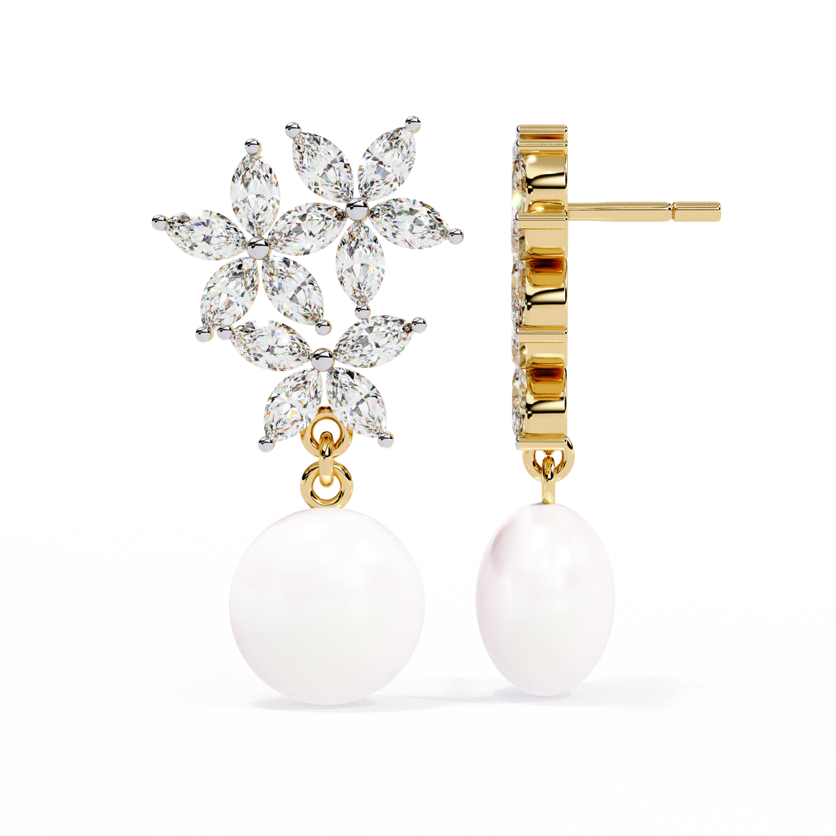 Reverra 14K Gold Marquise Lab Grown Diamond Pearl Floral Drop Earrings For Women, CTTW-2.39 | Push Back