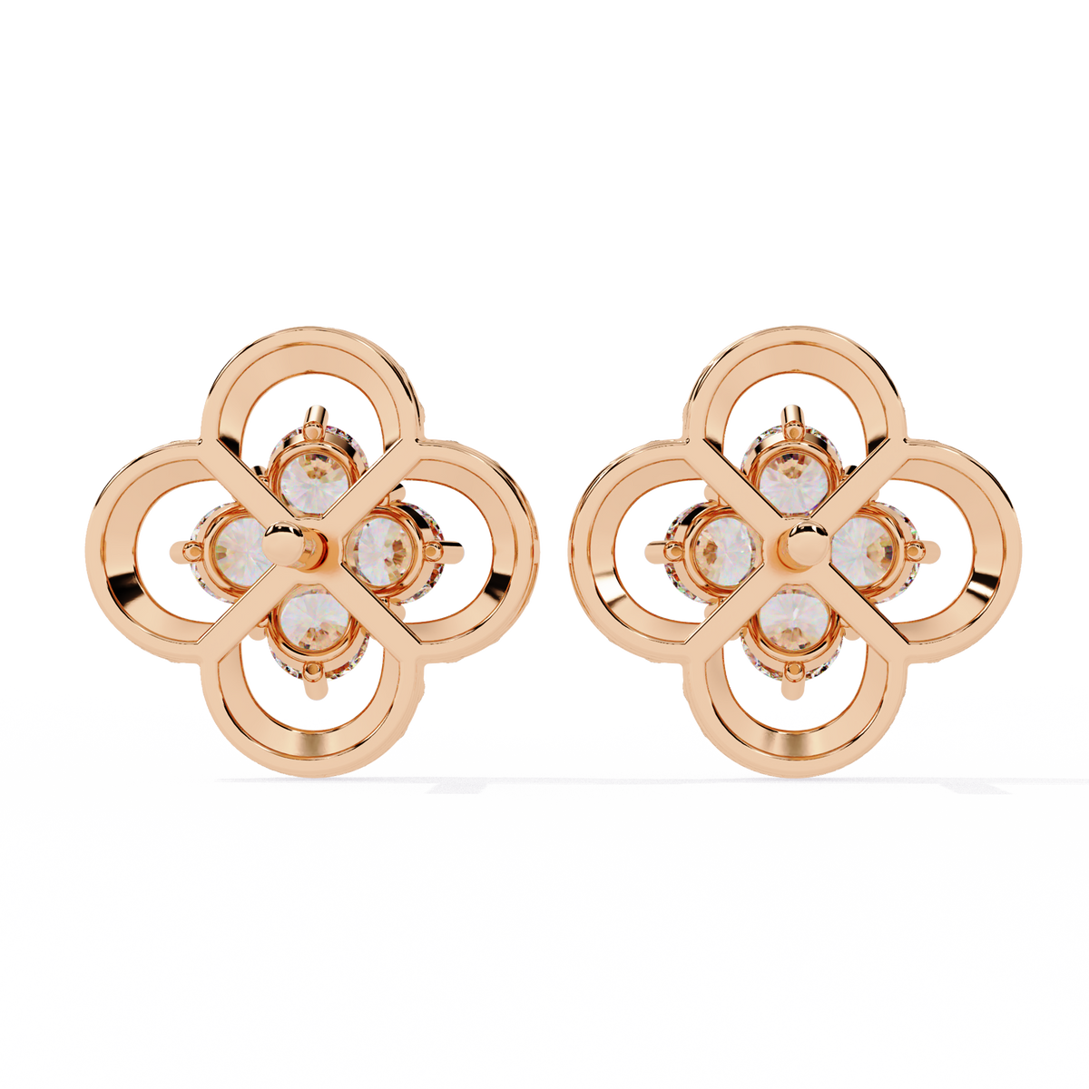 Reverra 14K Gold Round Lab Grown Diamond Clover Motif Multi-Prong Stud Earrings For Women, CTTW-0.85