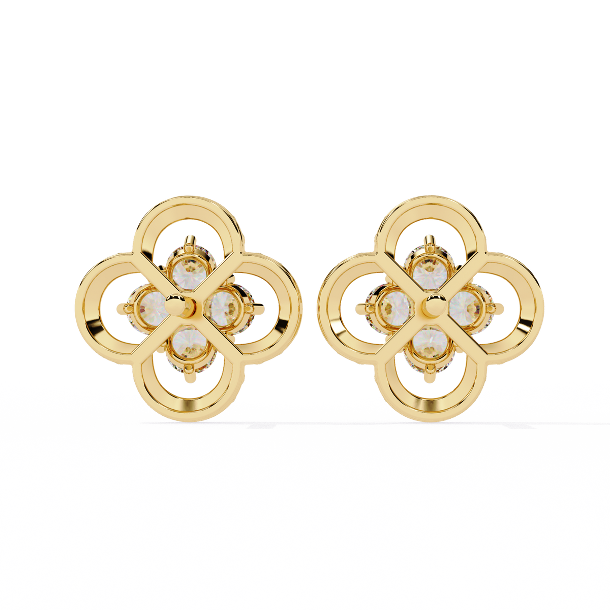 Reverra 14K Gold Round Lab Grown Diamond Clover Motif Multi-Prong Stud Earrings For Women, CTTW-0.85