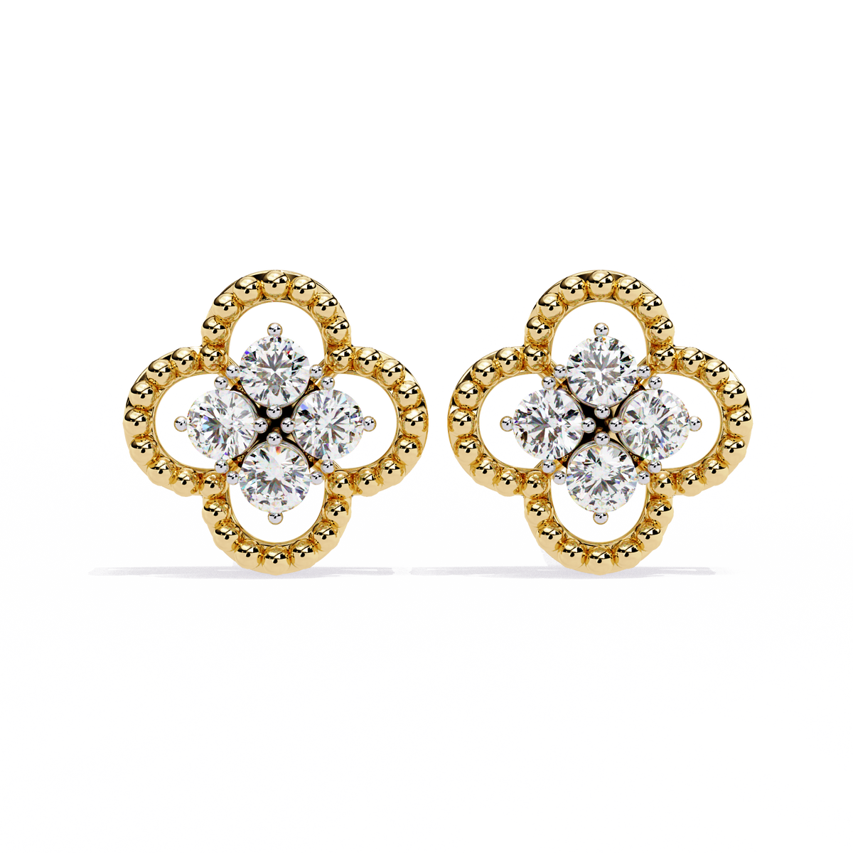 Reverra 14K Gold Round Lab Grown Diamond Clover Motif Multi-Prong Stud Earrings For Women, CTTW-0.85