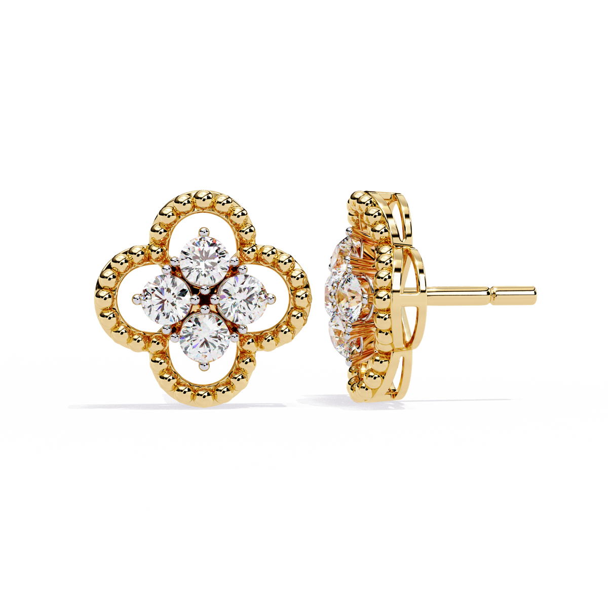 Reverra 14K Gold Round Lab Grown Diamond Clover Motif Multi-Prong Stud Earrings For Women, CTTW-0.85