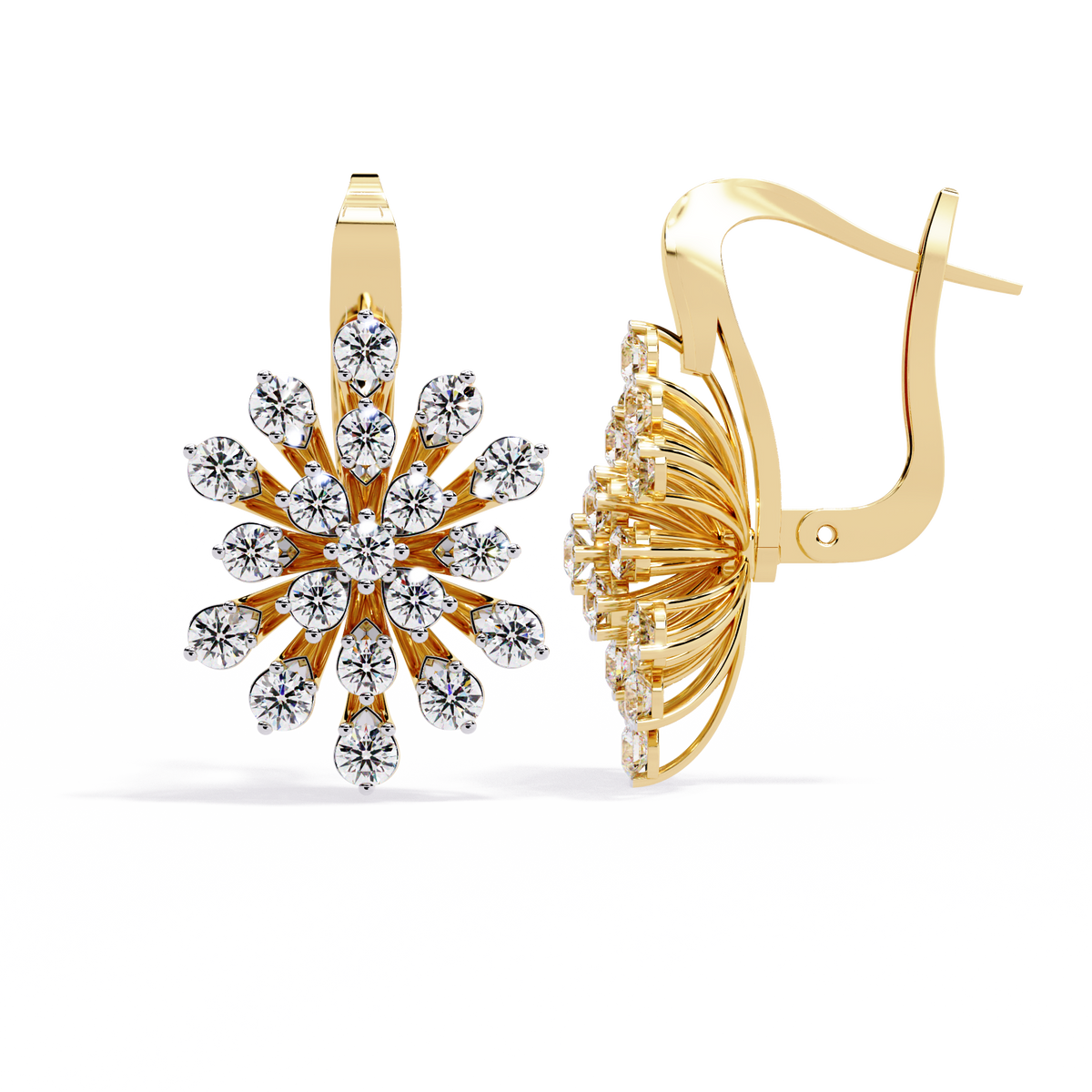 Reverra 14K Gold Round Lab Grown Diamond Floral Burst Multi-Prong Lever Back Earrings For Women, CTTW-1.75 | Hinged Lever