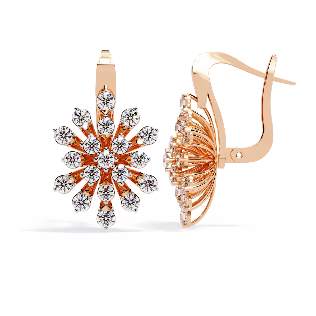 Reverra 14K Gold Round Lab Grown Diamond Floral Burst Multi-Prong Lever Back Earrings For Women, CTTW-1.75 | Hinged Lever