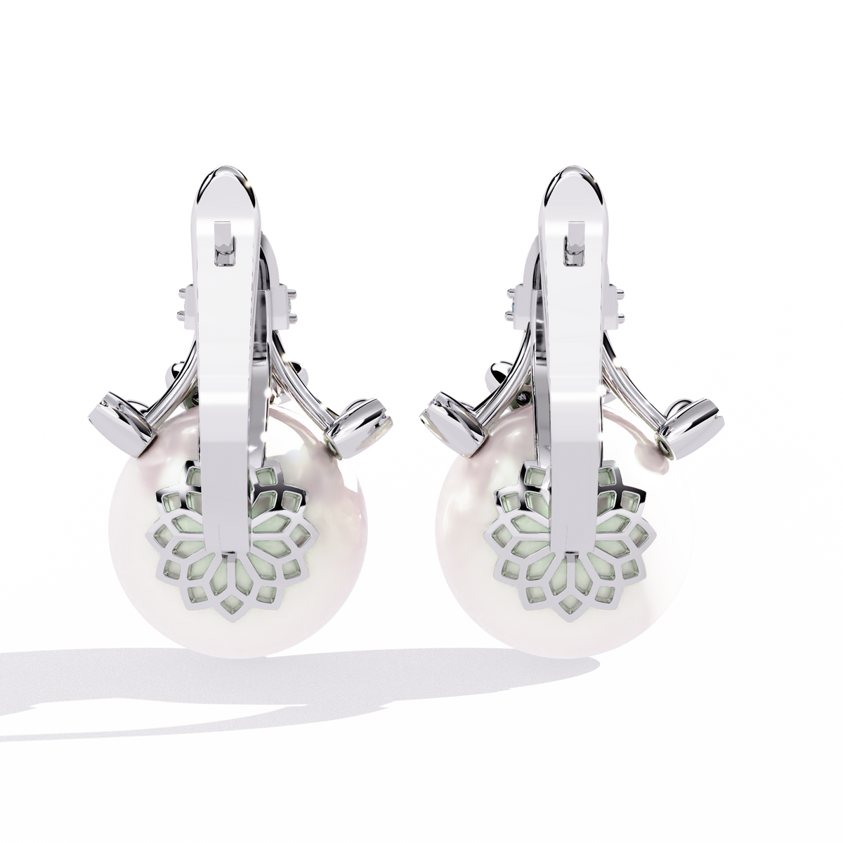 Reverra 14K Gold Round Lab Grown Diamond Crown Pearl Lever Back Earrings For Women, CTTW-0.35 | Hinged Lever