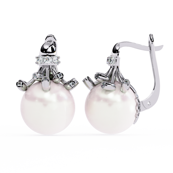 Reverra 14K Gold Round Lab Grown Diamond Crown Pearl Lever Back Earrings For Women, CTTW-0.35 | Hinged Lever