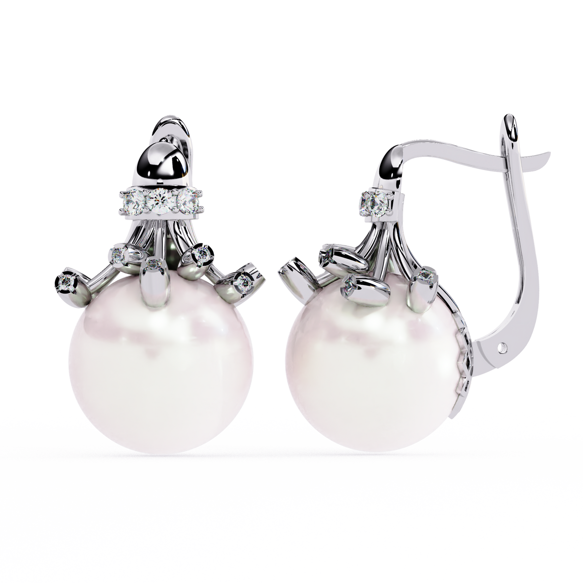 Reverra 14K Gold Round Lab Grown Diamond Crown Pearl Lever Back Earrings For Women, CTTW-0.35 | Hinged Lever